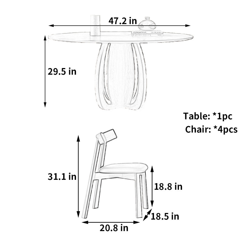 Table et chaise de salle à manger à charme antique, H 29,5 po x L 47,2 po x l 47,2 po