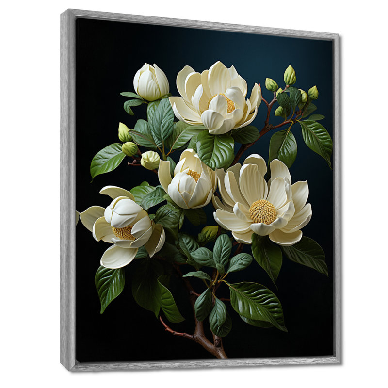Art mural beige - Magnolias, H 32 po x l 24 po x P 1 po, Cadre argenté flottant
