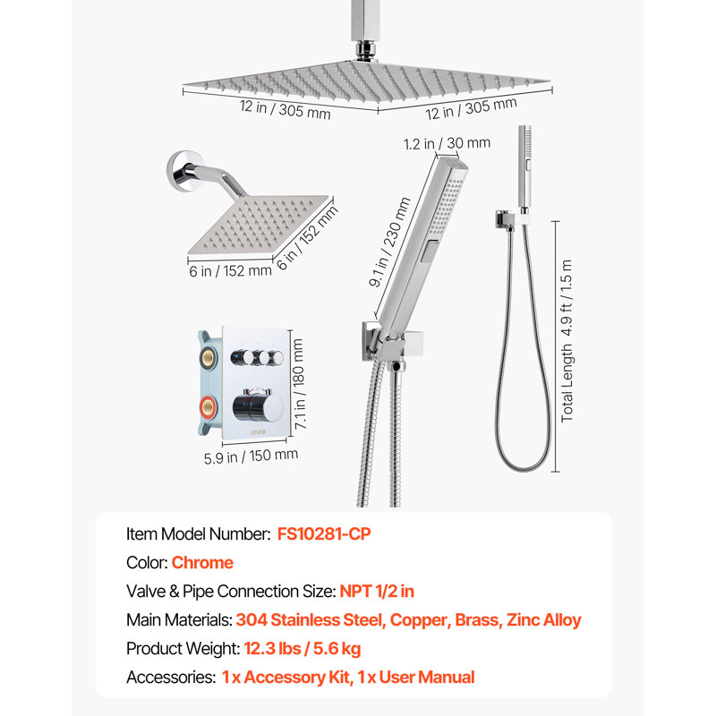 Shower Faucet Set, 12 Inch Thermostatic Ceiling Mount Rainfall Shower System with 6 Inch Wall Mount Head and 2 in 1 Handheld Spray, 3-Function Dual Rain Head Brass Valve and Trim Kit, Chrome