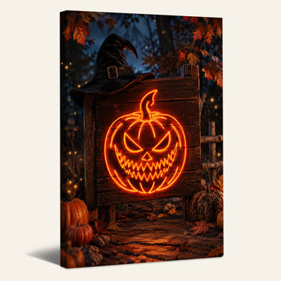 Visage de citrouille orange néon avec chapeau de sorcière sur toile d'Halloween rustique
