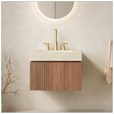 Meuble-lavabo et lavabo de salle de bain 24 po MURI, armoire de rangement flottante en contreplaqué avec 2 portes, comptoir en pierre frittée Roma Travertine et lavabo en céramique avec 3 trous de robinet pré-percés, pré-assemblé, grain de bois de chêne brun