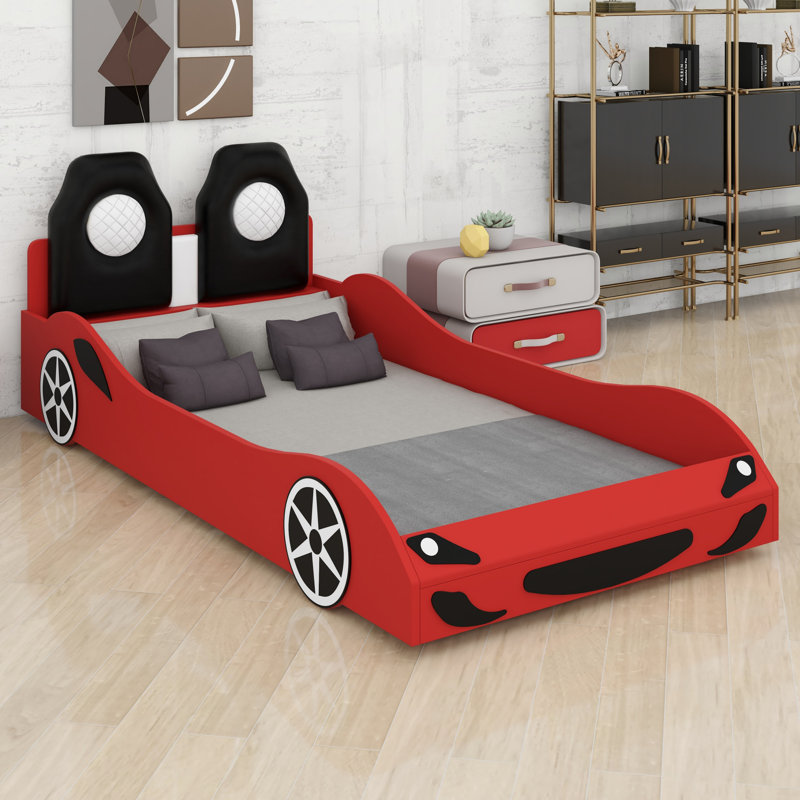 Platform Bed with Comfortable Upholstered Backrest, Red