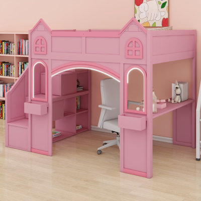 Lit mezzanine château en bois Fantasy avec escalier de rangement, bureau, fenêtres, tablettes et lumières DEL