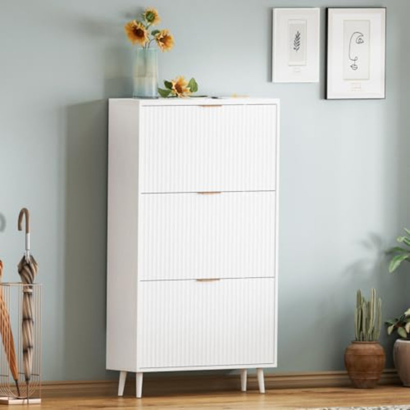 Shoe Cabinet Storage,Modern Freestanding Organizer With 3 Flip Drawers,Narrow Shoe Rack Cabinet For Entryway,White, White