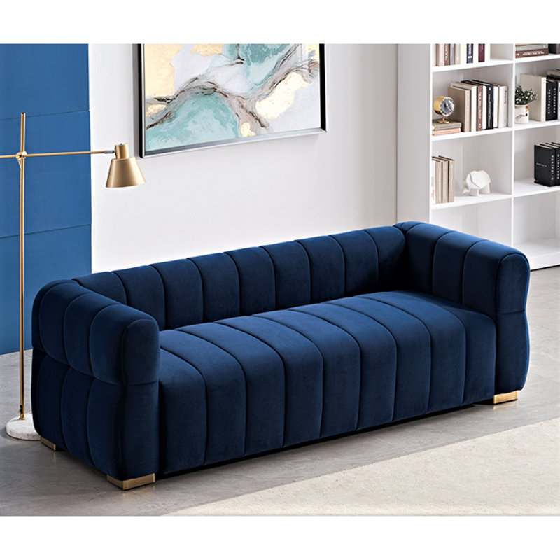 Velvet Sofa With Tufted Low Back Design, Sophisticated 3 Seater Couch For Living Rooms, 89 Inch Wide, Easy Assembly, Blue