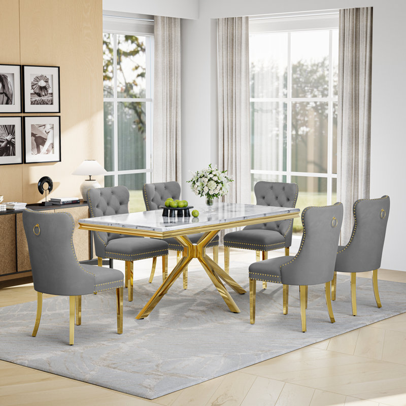 7-Piece Modern Dining Table Set, 70" Rectangular Marble-Inspired Table with 6 Velvet Upholstered Nailhead Trim Dining Chairs