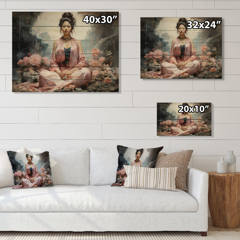 Art asiatique, bodhisattva Grace II sur bois, H 24 po x l 32 po x P 0,78 po