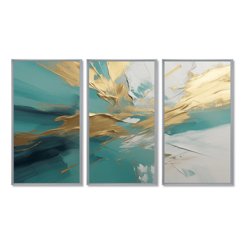 Ensemble de salon Golden Sunrise On Turquoise I - Beach & Ocean, Encadrement argenté, H 32 po x l 48 po x P 1 po