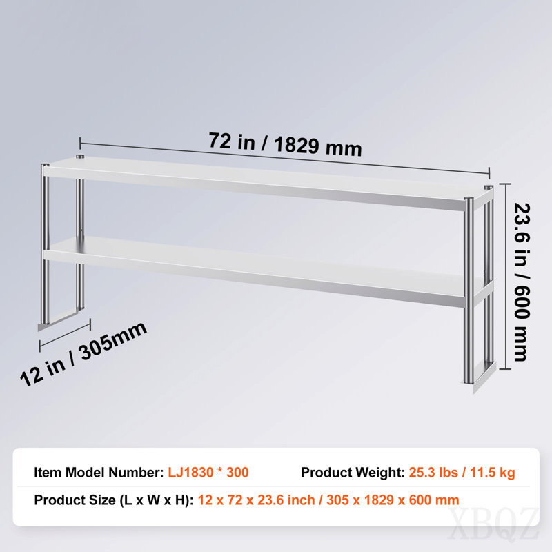 Double surdimensionnée, double surdimensionnée en acier inoxydable, surdimensionnée à deux niveaux de 12 po x 72 po, table de préparation réglable en hauteur pour cuisine, restaurant et atelier