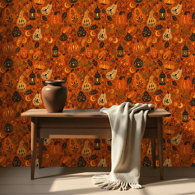 Papier peint auto-adhésif à peler et coller avec lanternes de récolte d'automne citrouilles et courges de 17,7 po x 118 po (auto-adhésif et amovible)
