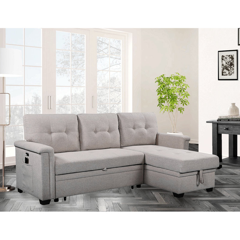 Henos Reversible Sleeper  84" Reversible Sleeper Sectional Sofa with Storage Chaise, USB Charging Ports and Pocket