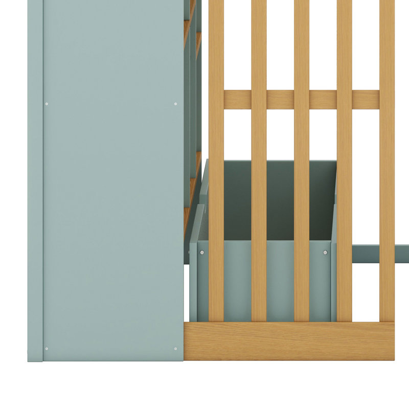Lit mezzanine avec échelle, tablettes de rangement et tablettes ouvertes, Mint Green + Natural Oak