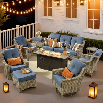 9 - Person Patio Furniture Set with Swivel Rockers, Outdoor Wicker Rattan High Back Seating Group with Cushions, All Weather Sofa Conversation Set with Fire Pit Table for Garden Backyard