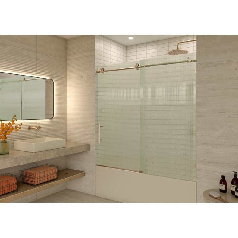 Galaxy 56 - 60 in. x 60 in. Fully Frameless Fluted Sliding Bathtub Door, Brushed Bronze, Left Hand