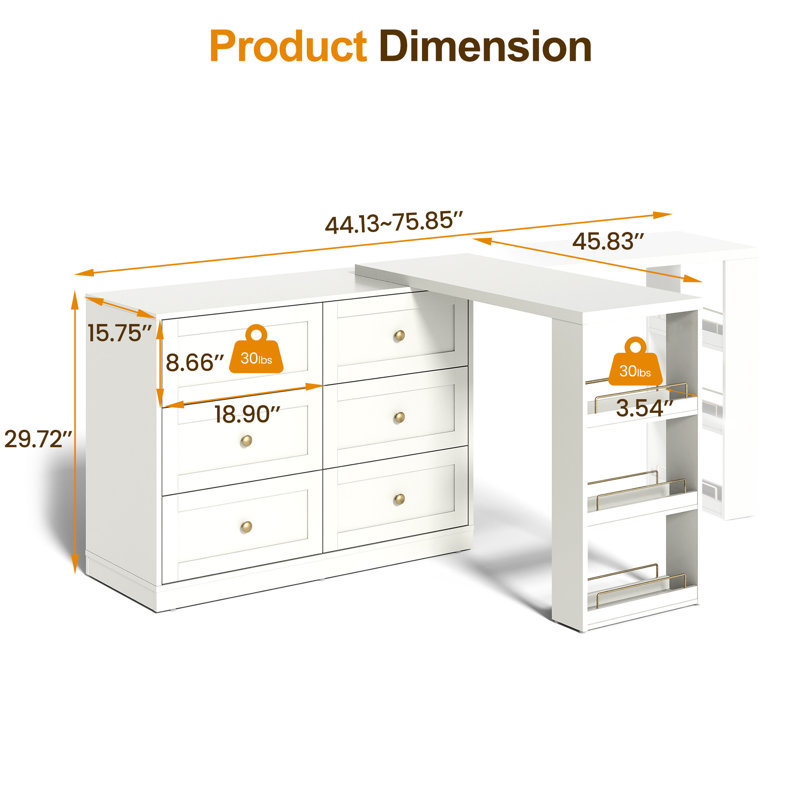 Extendable Makeup Vanity Desk With 6 Drawers