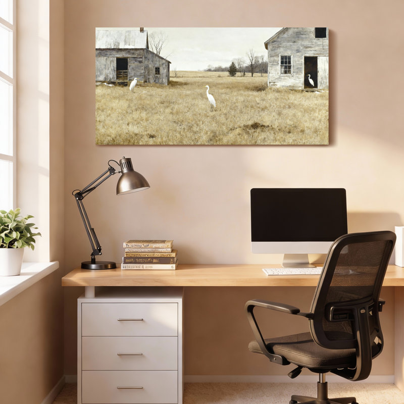 Ensemble de 1 tableau sur toile tendue représentant des hérons blancs dans un champ de grange rustique, H 28 po x l 58 po