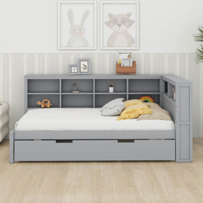 Lit de jour double avec lit gigogne simple, lit en forme de L avec station de recharge pour adolescents