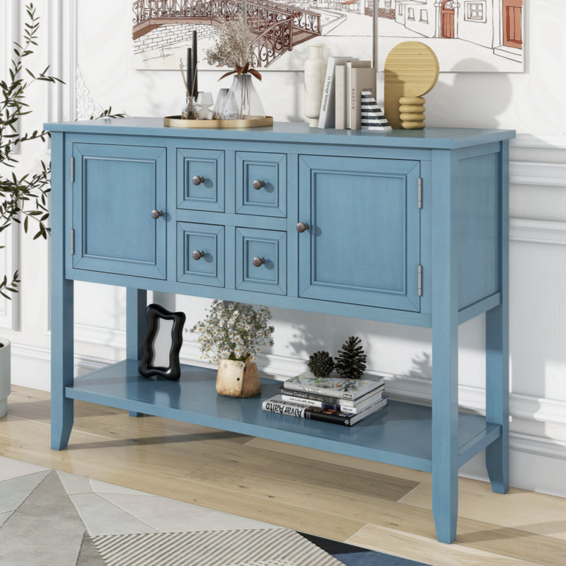 Keyania Coffee Console Table with Four Small Drawers and Bottom Shelf, Dark Blue