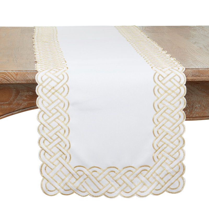 Table Runner With Braid Embroidery, Gold, 90" x 16"