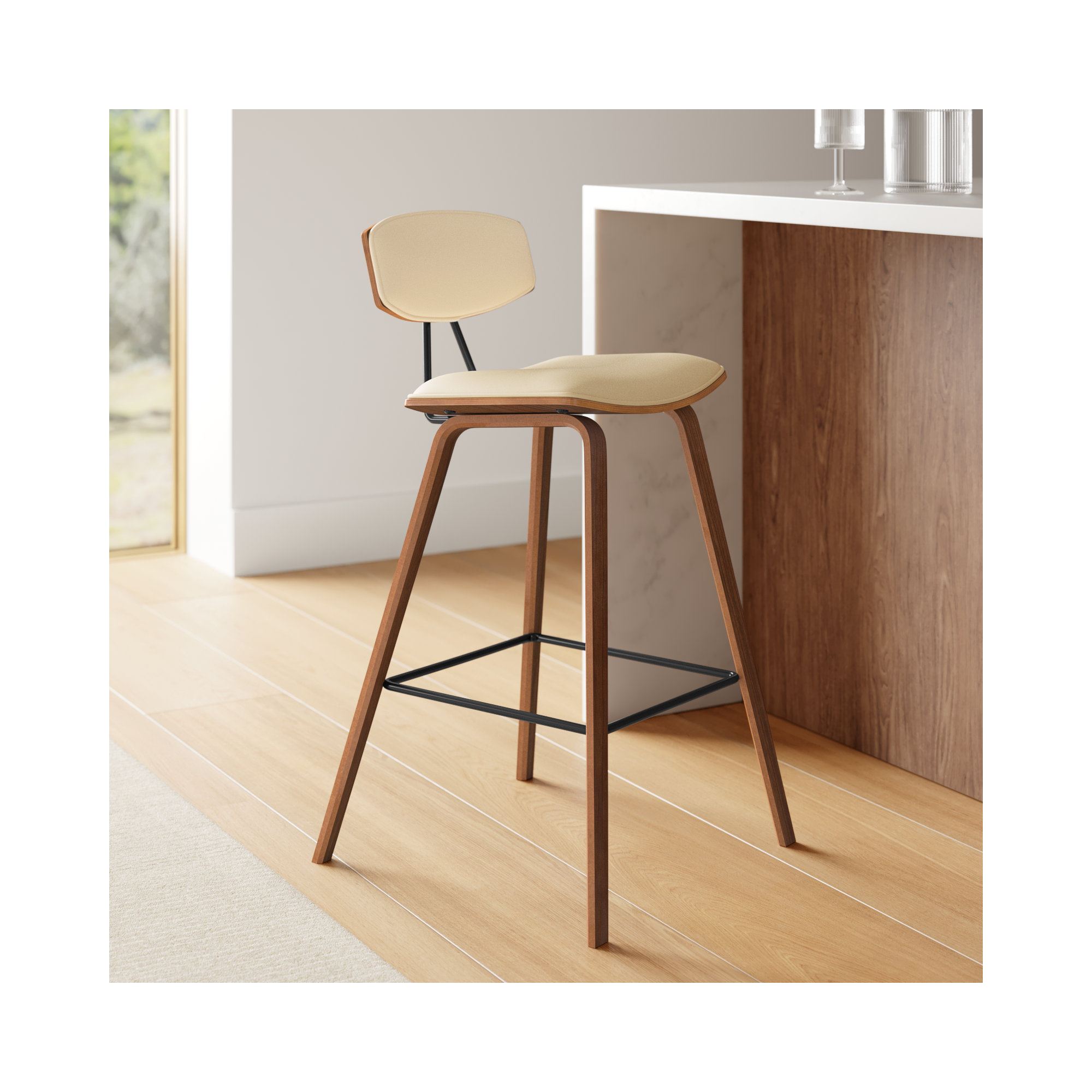 Payton Vegan Leather Bar & Counter Stool, Bar Stool (29" Seat Height), Cream Faux Leather, Walnut