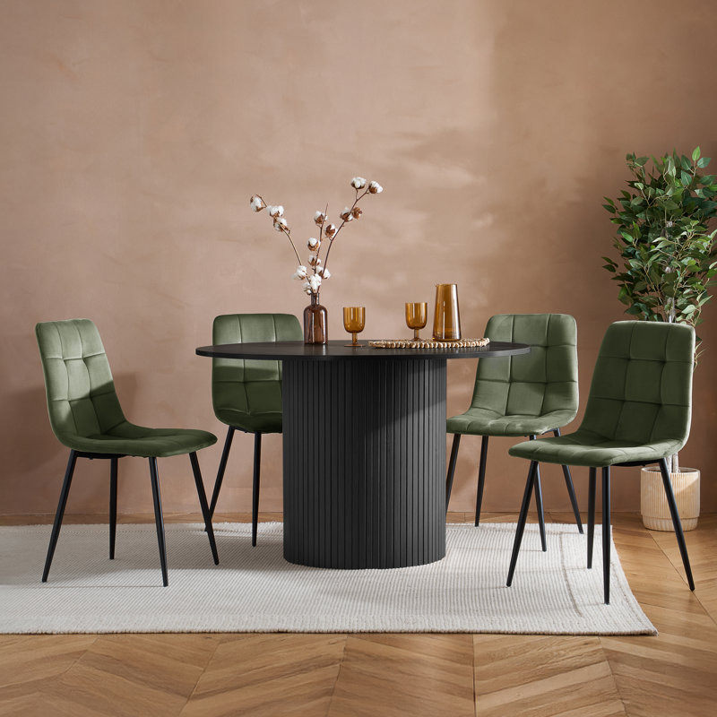 AXEL ROUND FLUTED DINING TABLE WITH 4 FABRIC CHAIRS OLIVE, Black