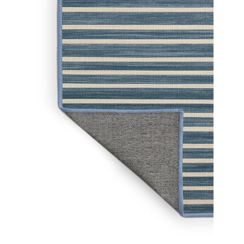Machine Washable Horizontal Stripes Blue Area Rug, Square 4'