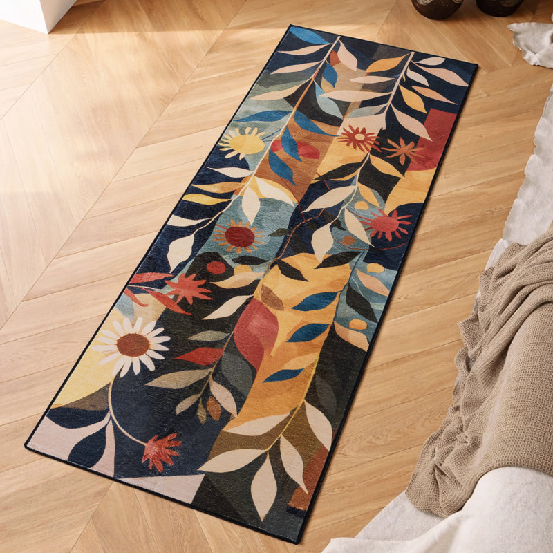 Machine Washable Modern Abstract Floral Area Rug Non-Slip Backing Black/Brown/Beige Indoor Carpet for Living Room, Bedroom, Hallway Runner
