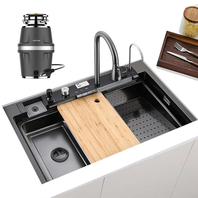 Lefton 33"x22" Dual-mount Single Bowl Waterfall Stainless Steel Kitchen Sink Ks2206l-pro With 3/4 Hp Continuous Feed Garbage Disposal Lgd-714