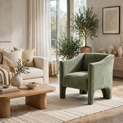 Dewy Barrel Accent Armchair, Green Chenille Upholstery