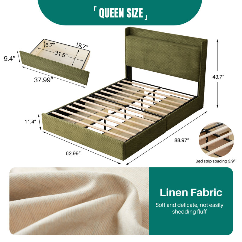 Sittard Upholstered Storage Platform Bed, Queen, Green