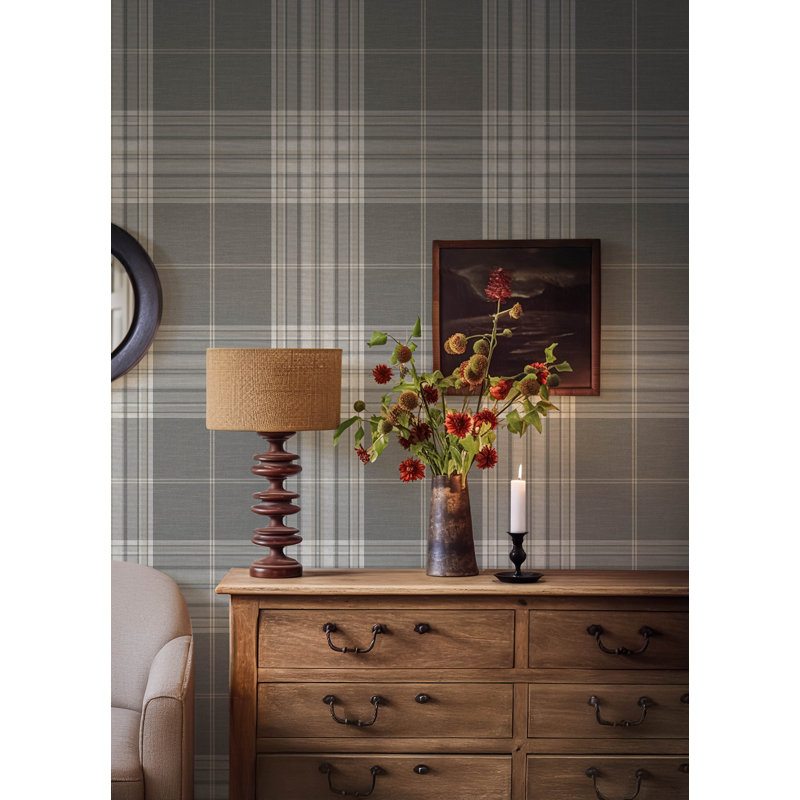 Westley Black Plaid Wallpaper, Gray