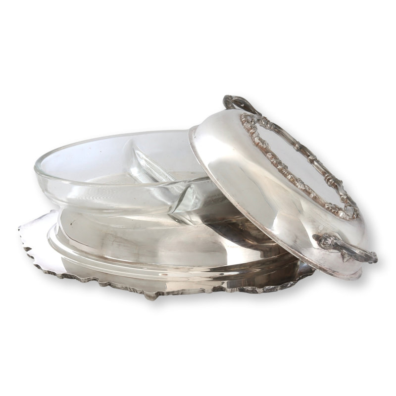 Plat de service polyvalent en argent avec plaque en verre