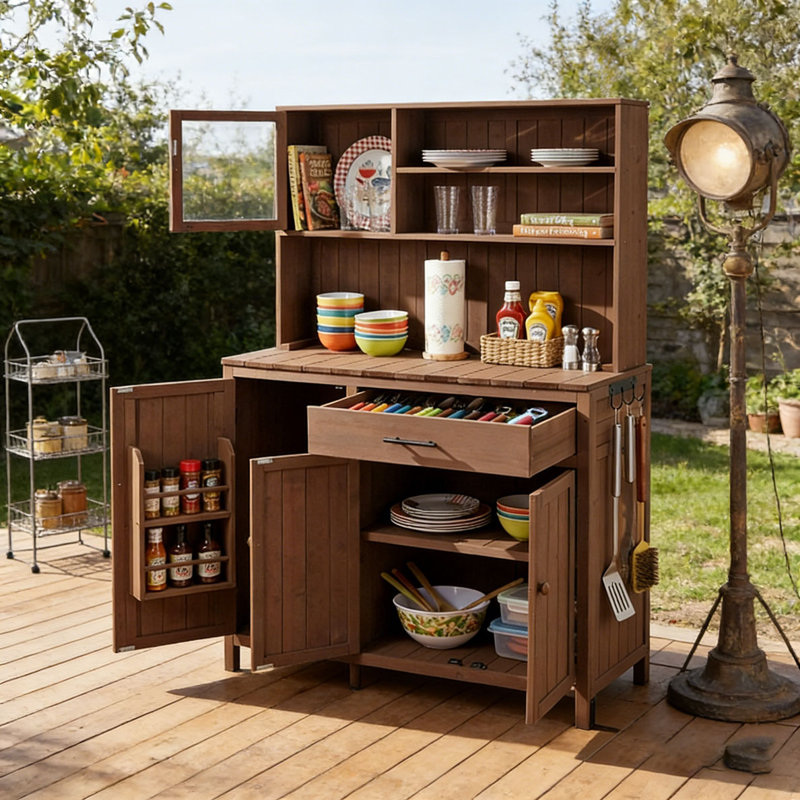 Potting Bench with Hutch,65" H Solid Fir Wood Garden Workstation, Brown