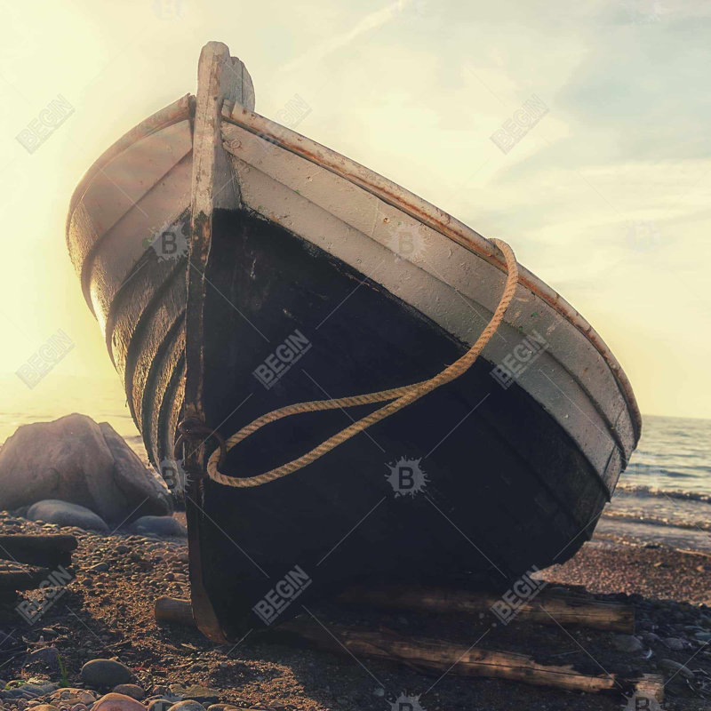 Rowboat at the water's edge - 16"x16" Outdoors Throw pillow - Spun poly - Print on demand