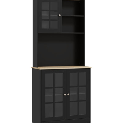 Armoire à café 72 po, noire, avec grand comptoir, tablettes réglables pour garde-manger autoportantes, grenier