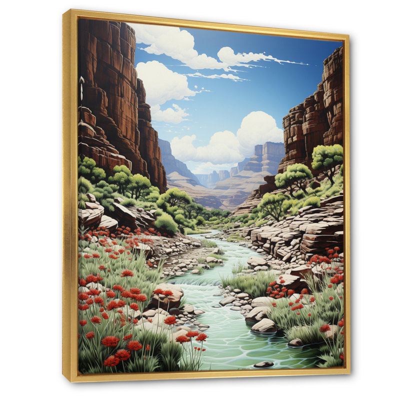 Canyon - Beauté intemporelle pointillisme I - Imprimé, H 32 po x l 16 po x P 1 po, Cadre flottant doré