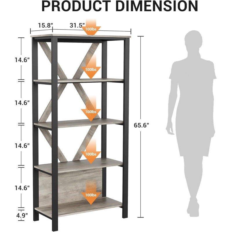 Floating Shelf Bookcase, (5 Shelves) 97.5cm. H x 48cm. W x 26cm. D, Grey/Black
