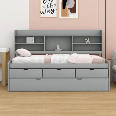 Solid Wood Twin Size Platform Bed With A Trundle Bed, 3 Drawers And Built-In Bookshelves
