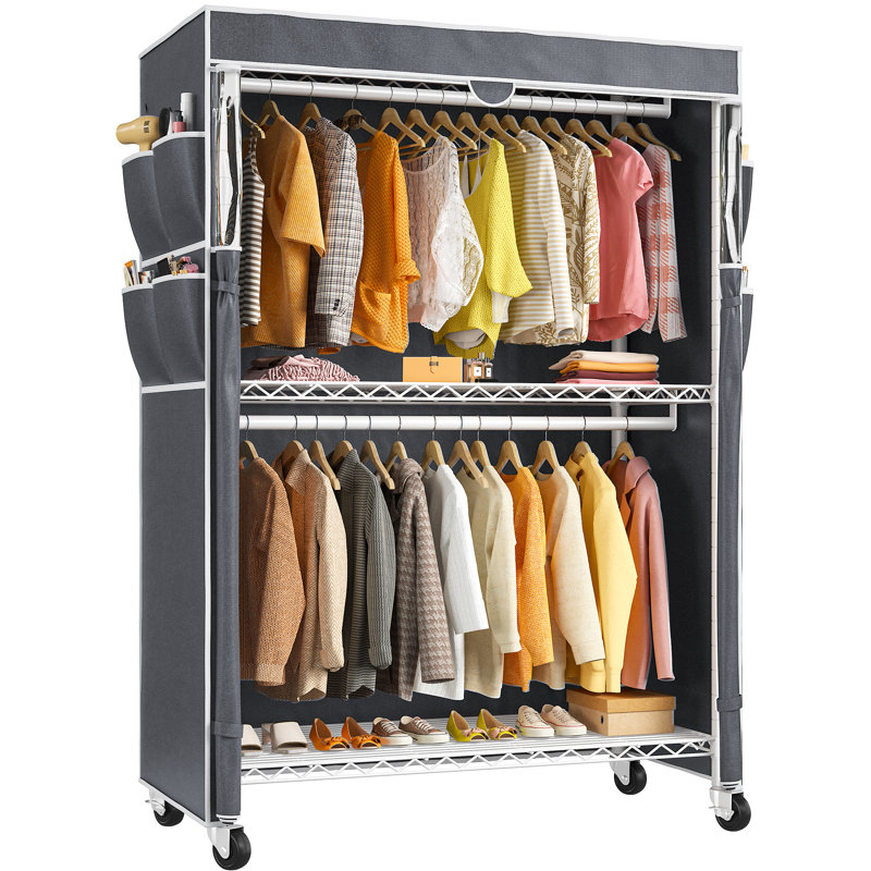 Portant à linge sur roulettes 445 lb avec couvercle, garde-robe portative réglable en fil de 81 po h, garde-robe autoportante à roulettes