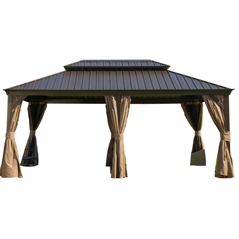 12'X18' Outdoor Gazebo, Brown Aluminum Frame Canopy With Galvanized Steel Double Roof, For Patio And Lawn - Structure, Fire- Curtains To Elements, Privacy Focused 180G M2 Curtain Net
