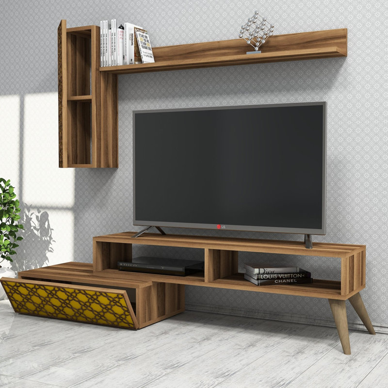Modern TV Unit with Wall Shelf, Walnut & Yellow, 59.1 x 14.9 x 14.6 inches | 100% Melamine Coated Particle Board, Thickness: 0.7 inches | Multiple Shelves, Wall-Mountable, Stylish Geometric Design for Living Room & Entertainment Spaces