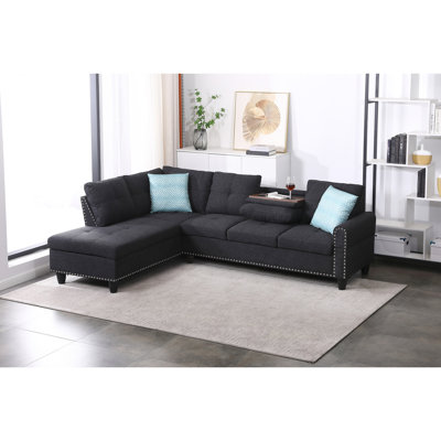 Rivet - Canapé d'angle en L composé de 3 éléments, assise centrale rabattable pour un confort optimal, idéal pour les soirées cinéma ou jeux vidéo, livré avec deux coussins décoratifs et un sac de rangement assorti, structure en bois massif et composite