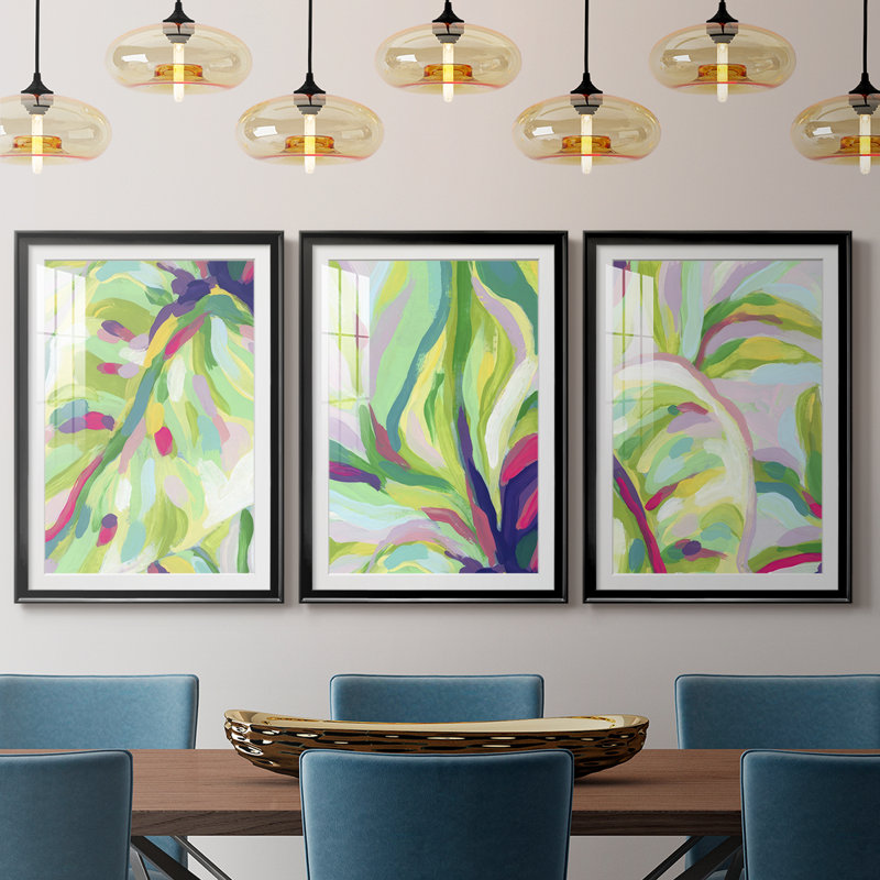 «Bright Tropical Abstraction I», reproduction sur mesure encadrée de qualité supérieure - 3 pièces, H 21 po x l 30 po, Noir