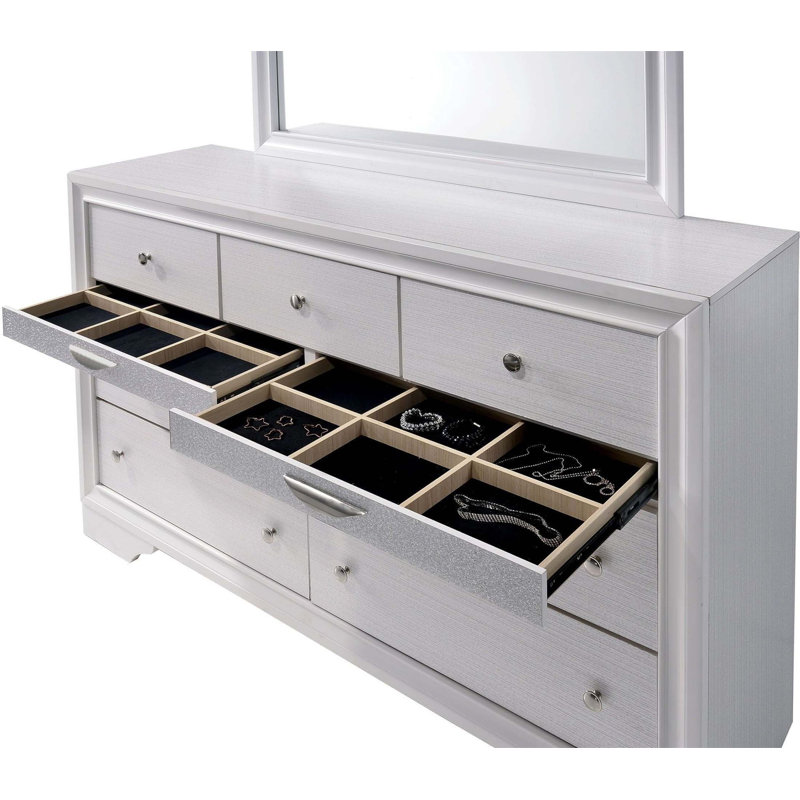 Commode glamour avec miroir, tiroir à bijoux caché et détails en queue d'aronde anglaise pour un rangement élégant dans la chambre à coucher