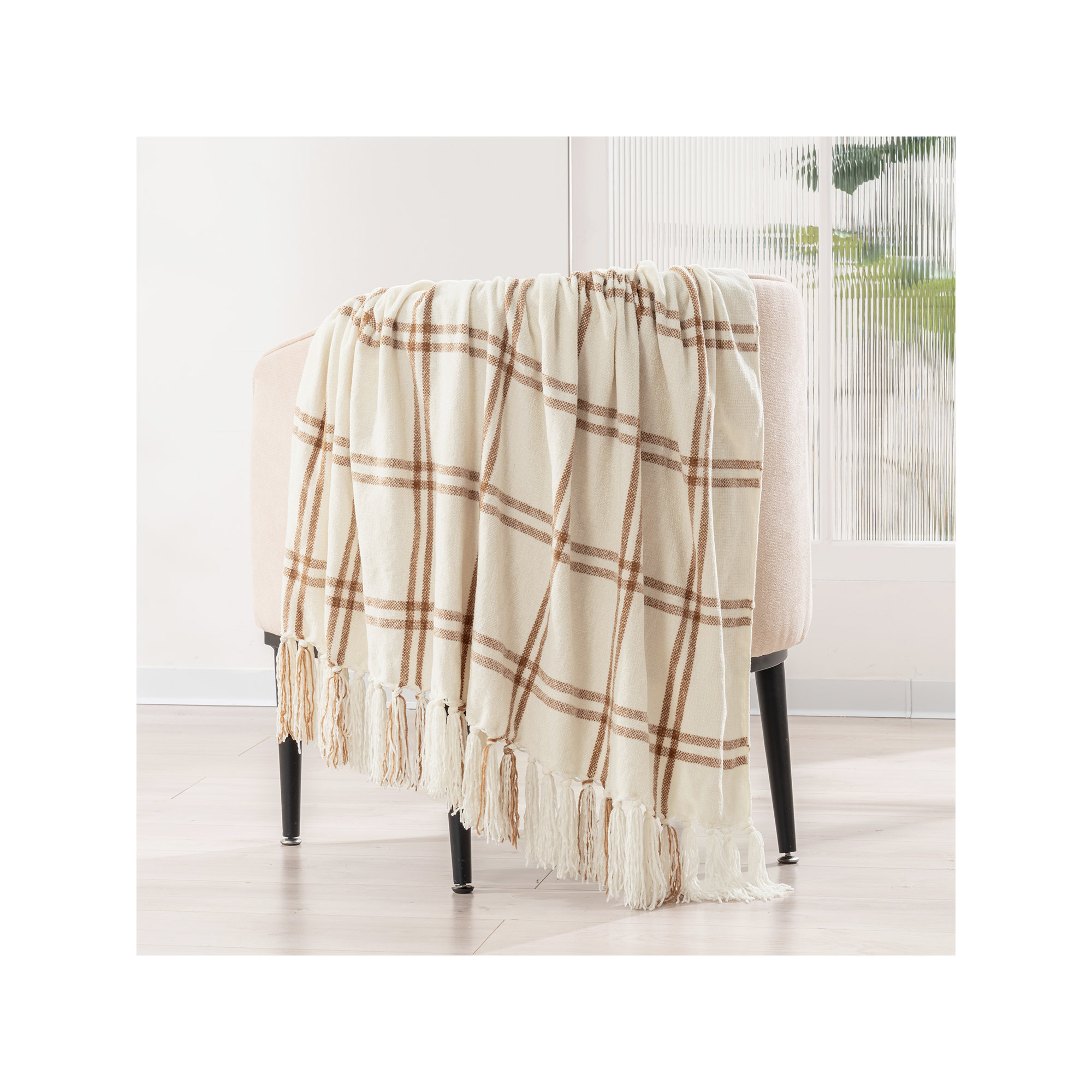 Soft Chenille Throw Blanket, 60" L x 50" W, Cream/Beige Plaid