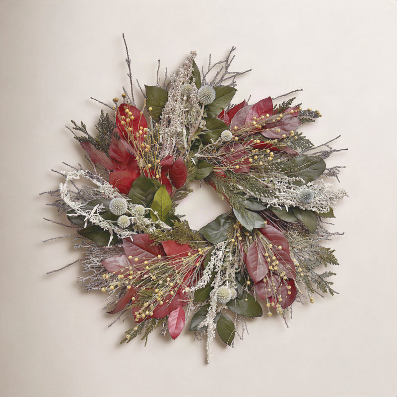 Preserved Leaves and Echinops Fall Wreath, 30" W x 30" H x 6" D
