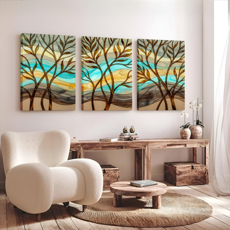 Ensemble de 3 tableaux abstraits sur toile représentant un paysage d'arbres et de rivière, pour la décoration du salon et de la chambre.