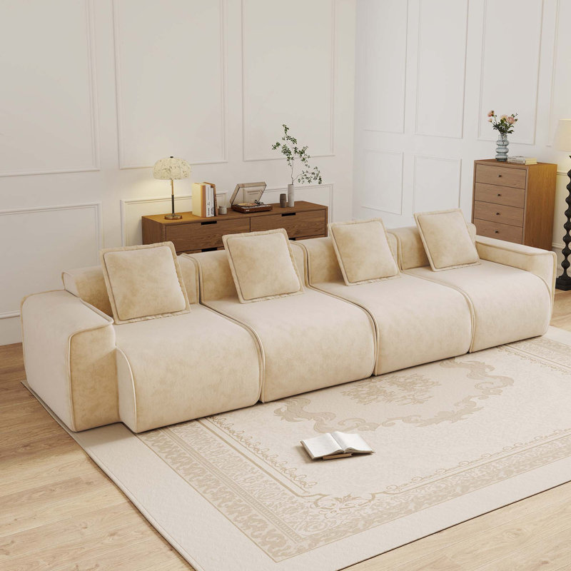 Canapé modulaire en velours 4 places avec coussins décoratifs, Light Camel Velvet, 31.1" H x 138.58" W x 38.2" D