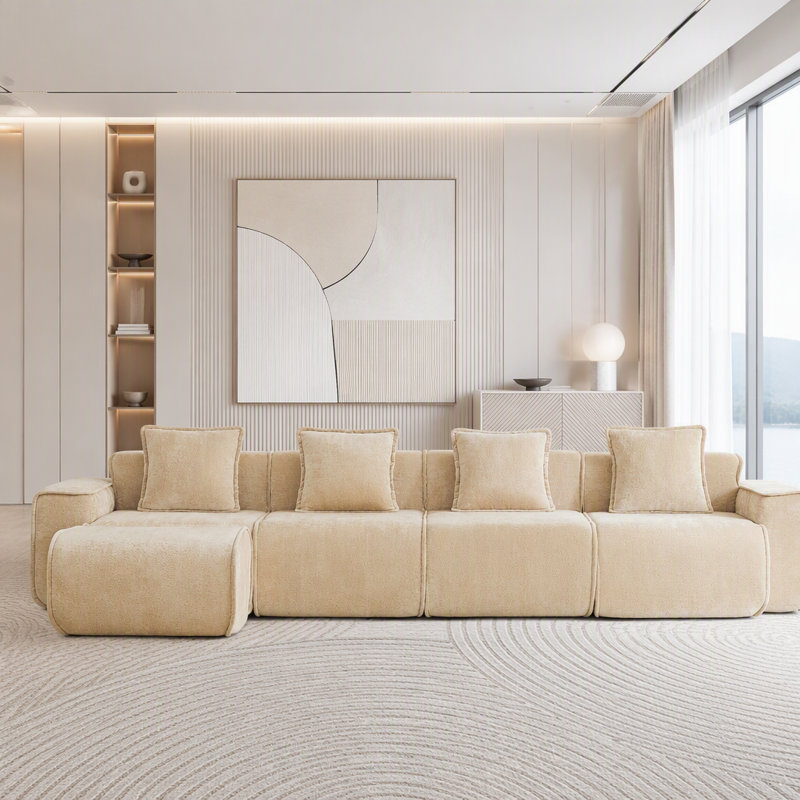 Canapé modulaire en L sans os avec repose-pieds et sans assemblage, 4-Seater & 1-Ottoman, Chameau clair
