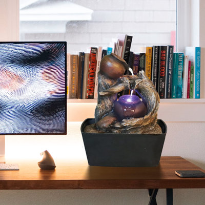 Fontaine d'eau de table d'intérieur - tronc d'arbre avec fontaine rustique petite fontaine en cascade zen Feng Shui avec lumière DEL et sons apaisants pour le bureau